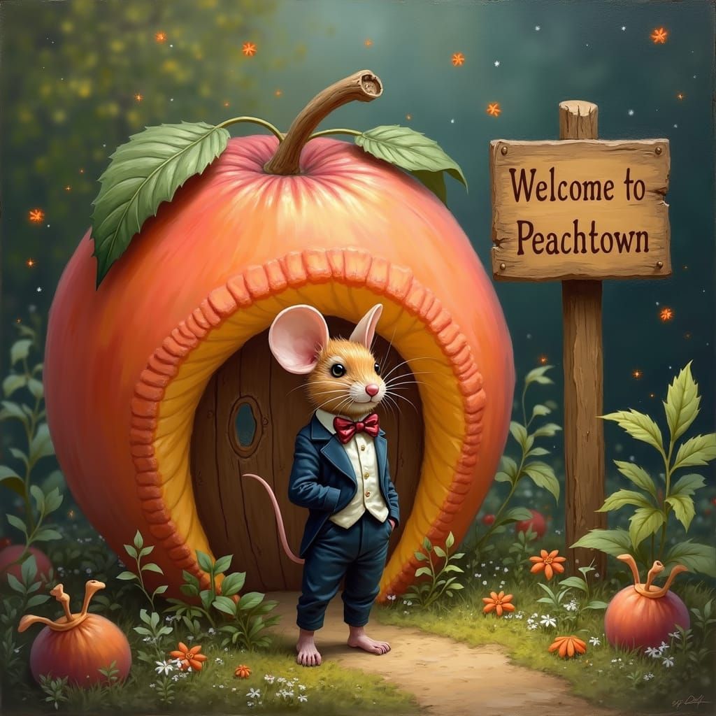 Mouse in Tuxedo Beside Mushroom House