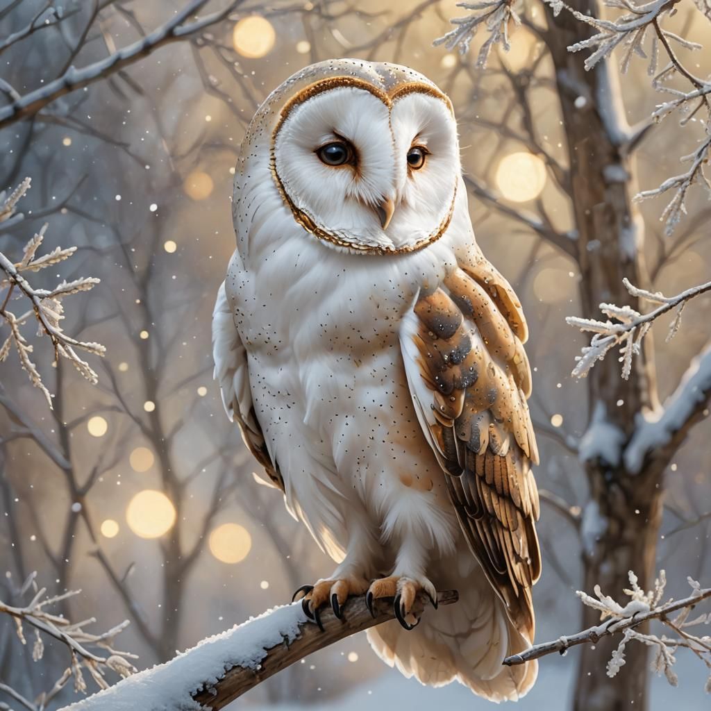 Barn Owl on Snowy Branch in Digital Watercolor