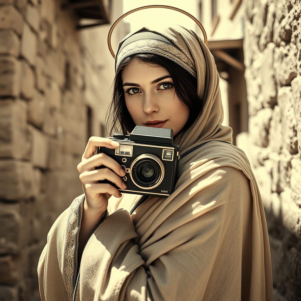 Young Saint in Sunlit Ancient Street, with Vintage Camera