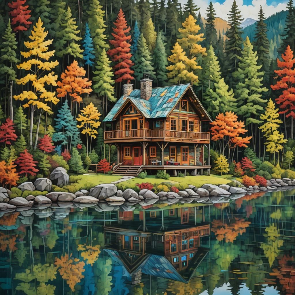 Cabin by Lake: Mixed Media Masterpiece