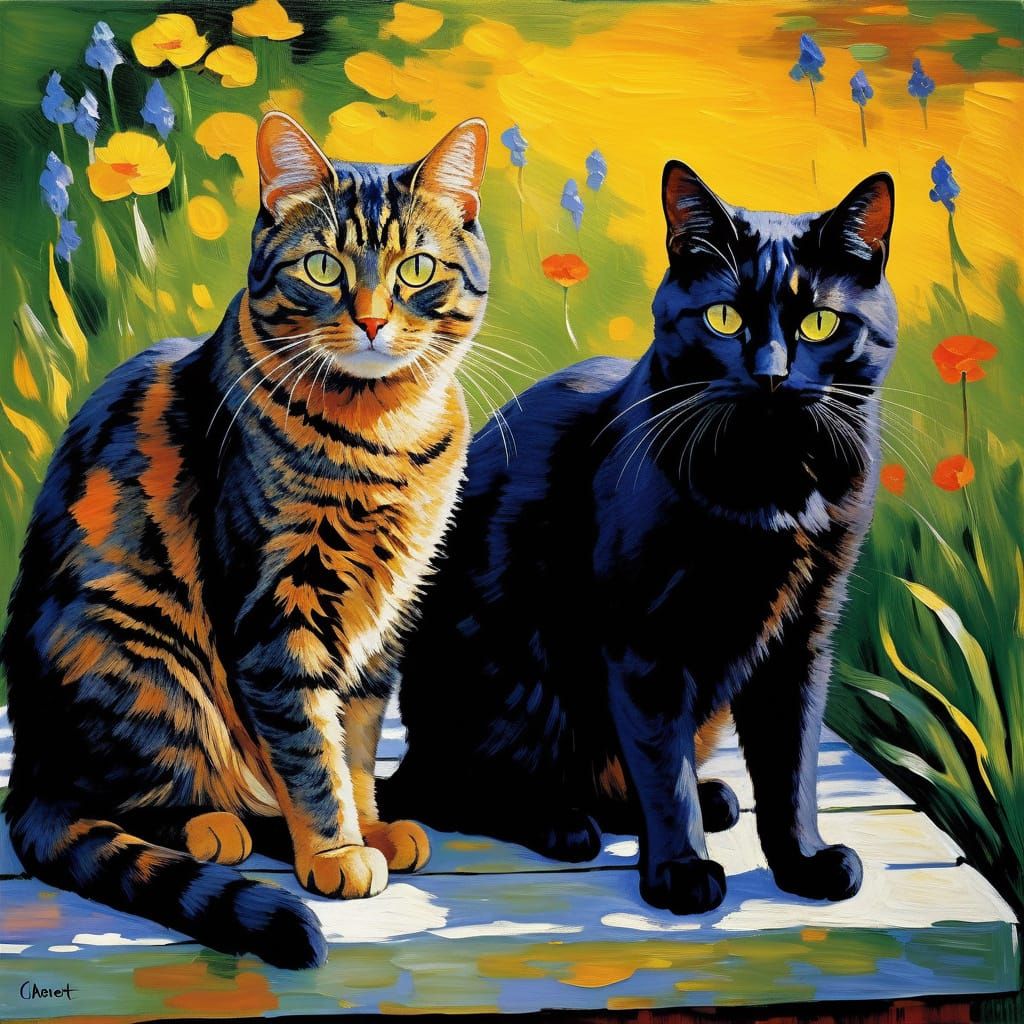 Cats in Impressionist Style of Claude Monet