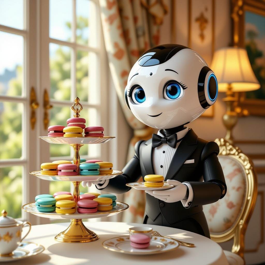 Cute Robot Butler Serves Colorful Macarons in Elegant Settin...