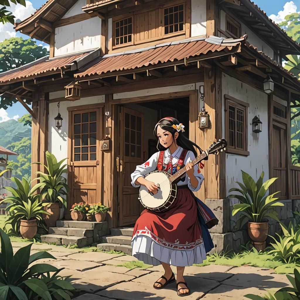 Costa Rican Girl Playing Banjo in Anime Style
