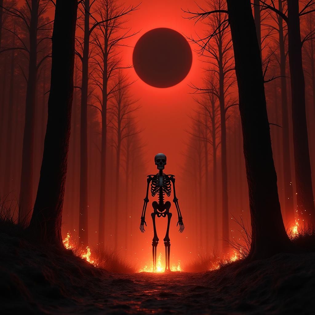 Eerie Skeleton in Burnt Forest: Fantasy Matte Painting