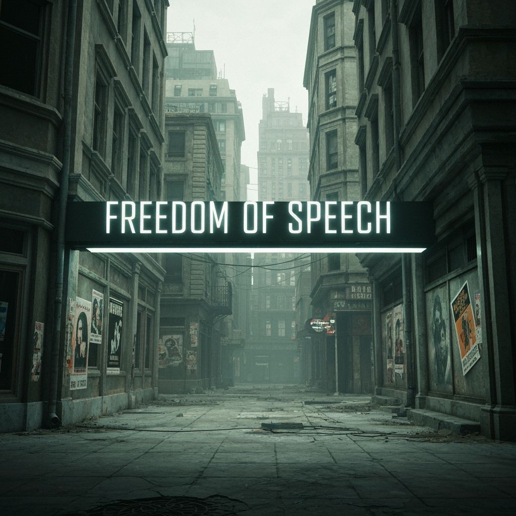 Dystopian Cityscape with "Freedom of Speech" Digital Bar