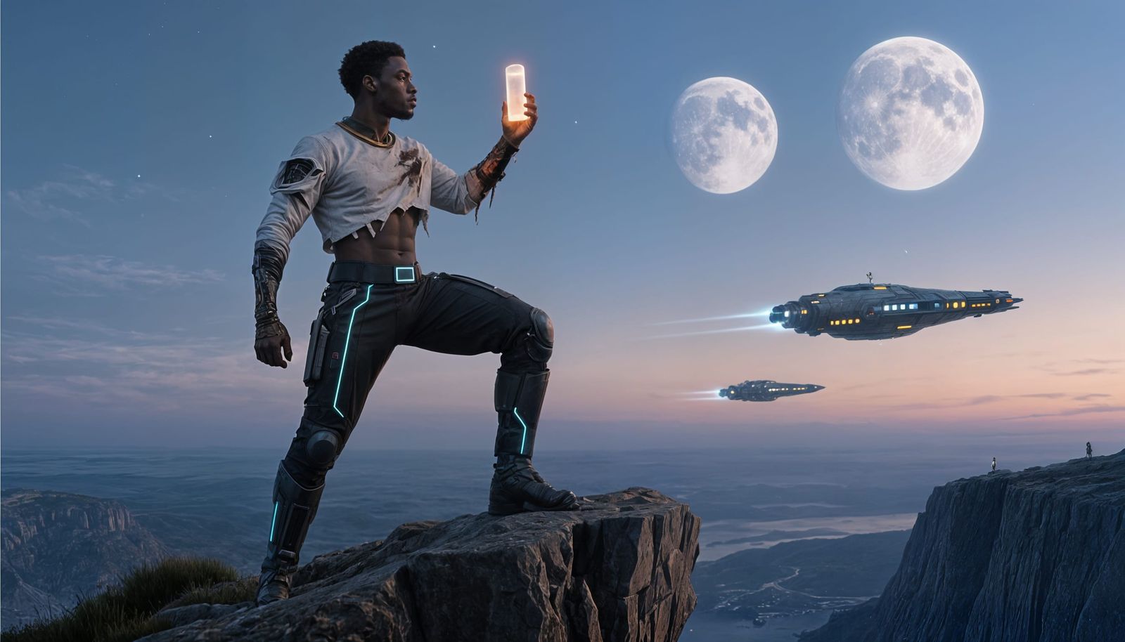 Heroic Man on Cliff, Futuristic Sci-Fi Scene