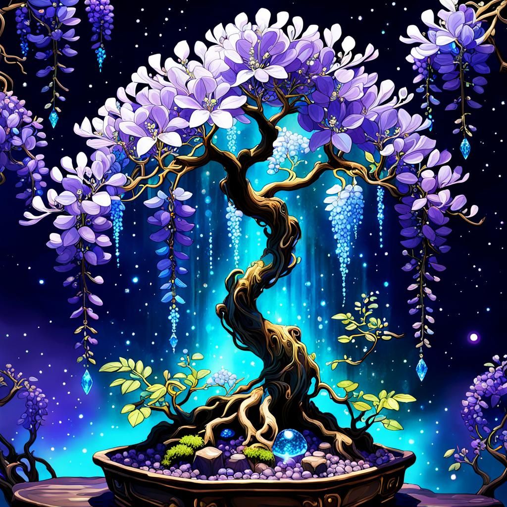 Bioluminescent Galactic Oasis with Wisteria Bonsai