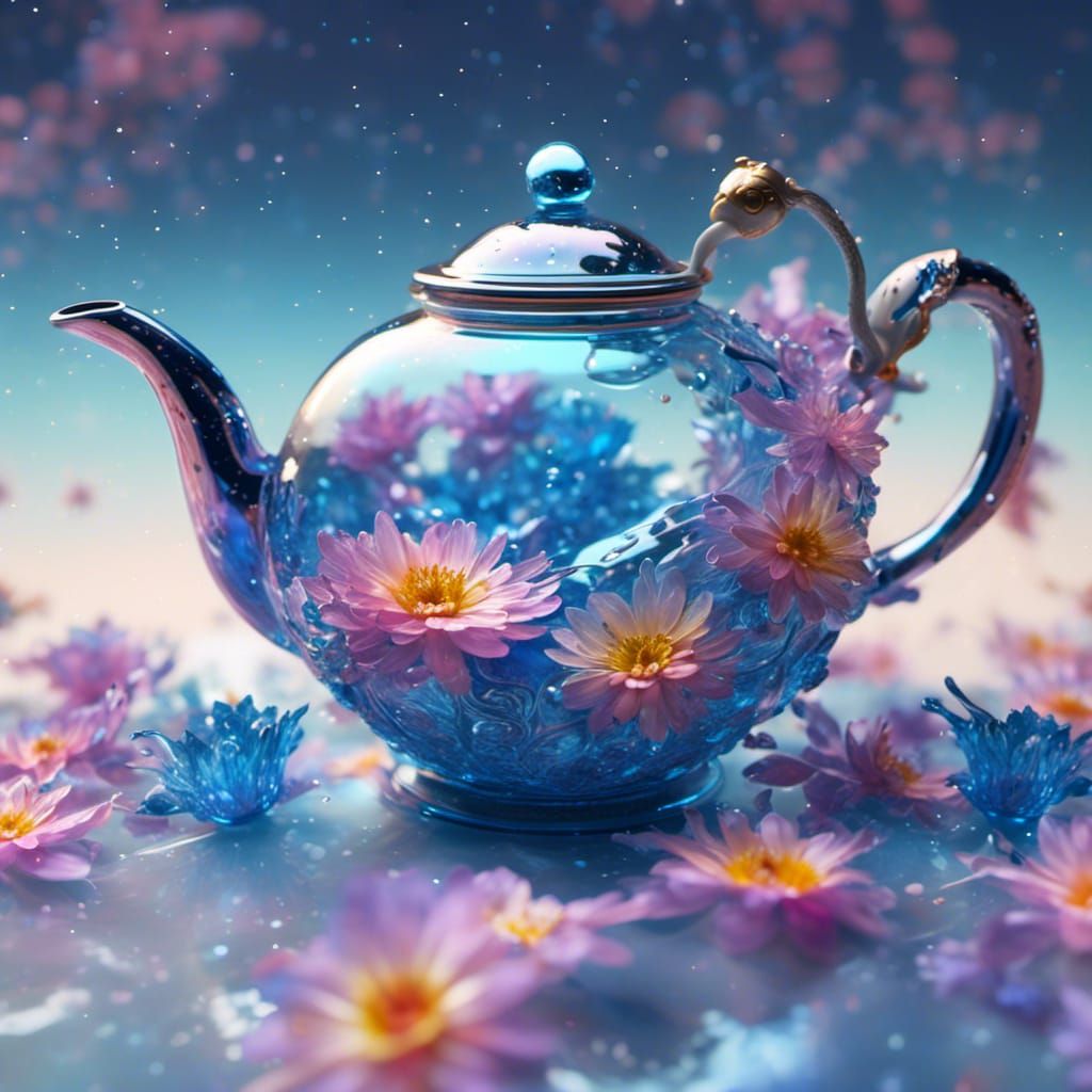 Iridescent Magic Teapot with Flowers, Hyperrealistic Splash ...