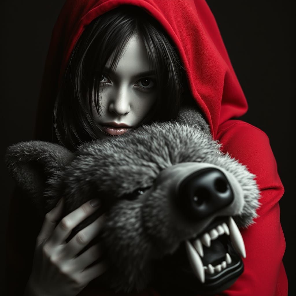 Neo-Punk Woman with Monstrous Wolf, Cinematic Black & White