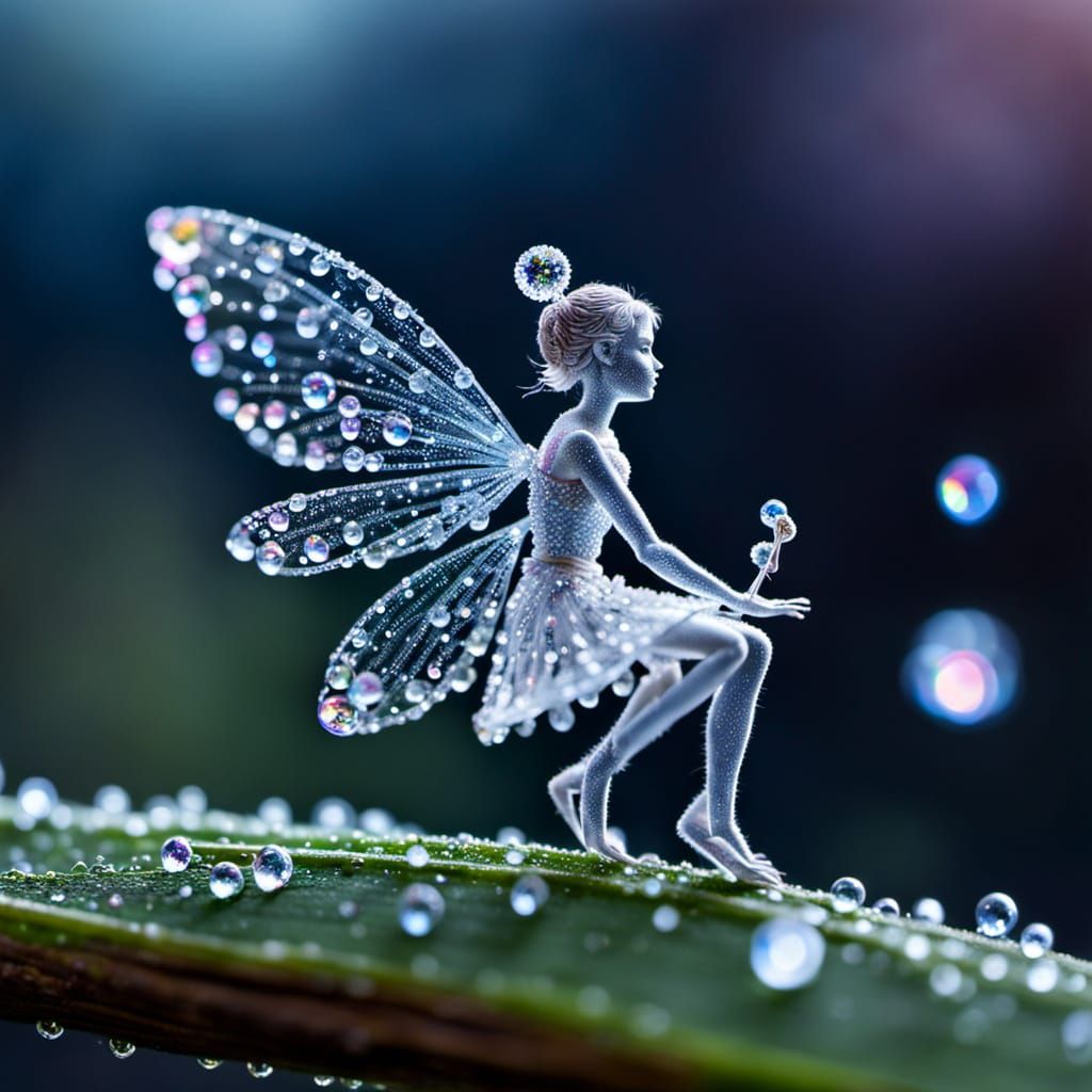 Iridescent Dewdrop Fairy on Bioluminescent Flower