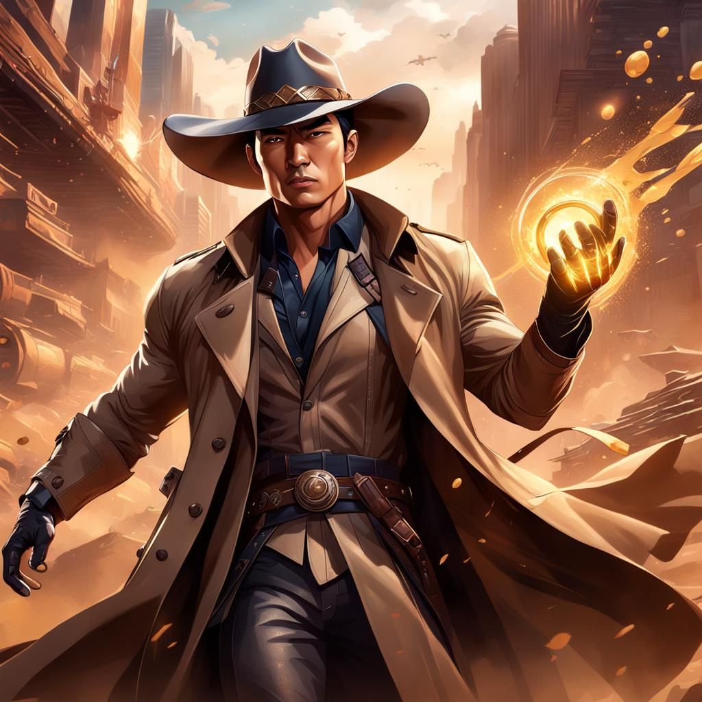 Asian Superhero Cowboy in Detailed Matte Painting
