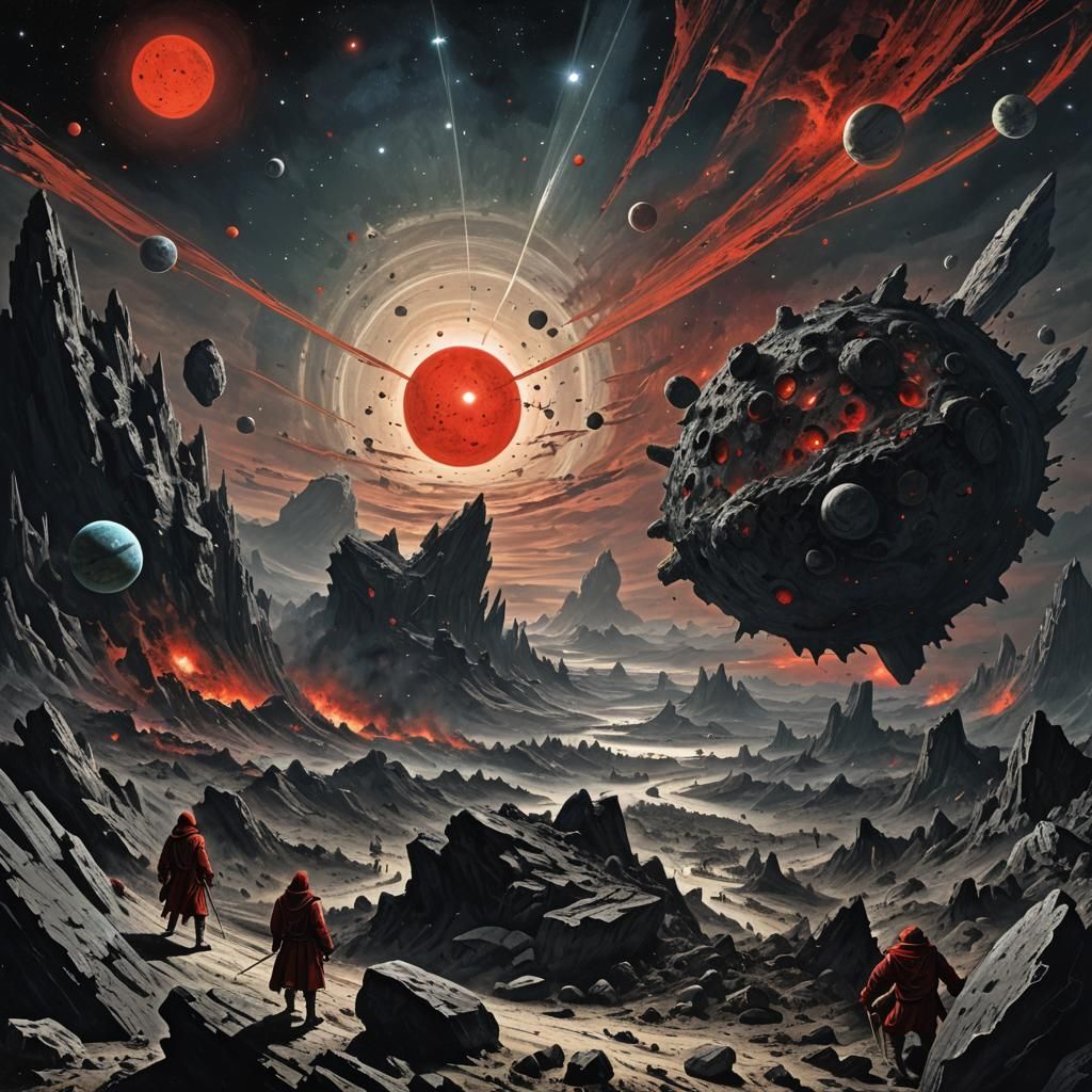 Planets Race Through Space Under Red Sun