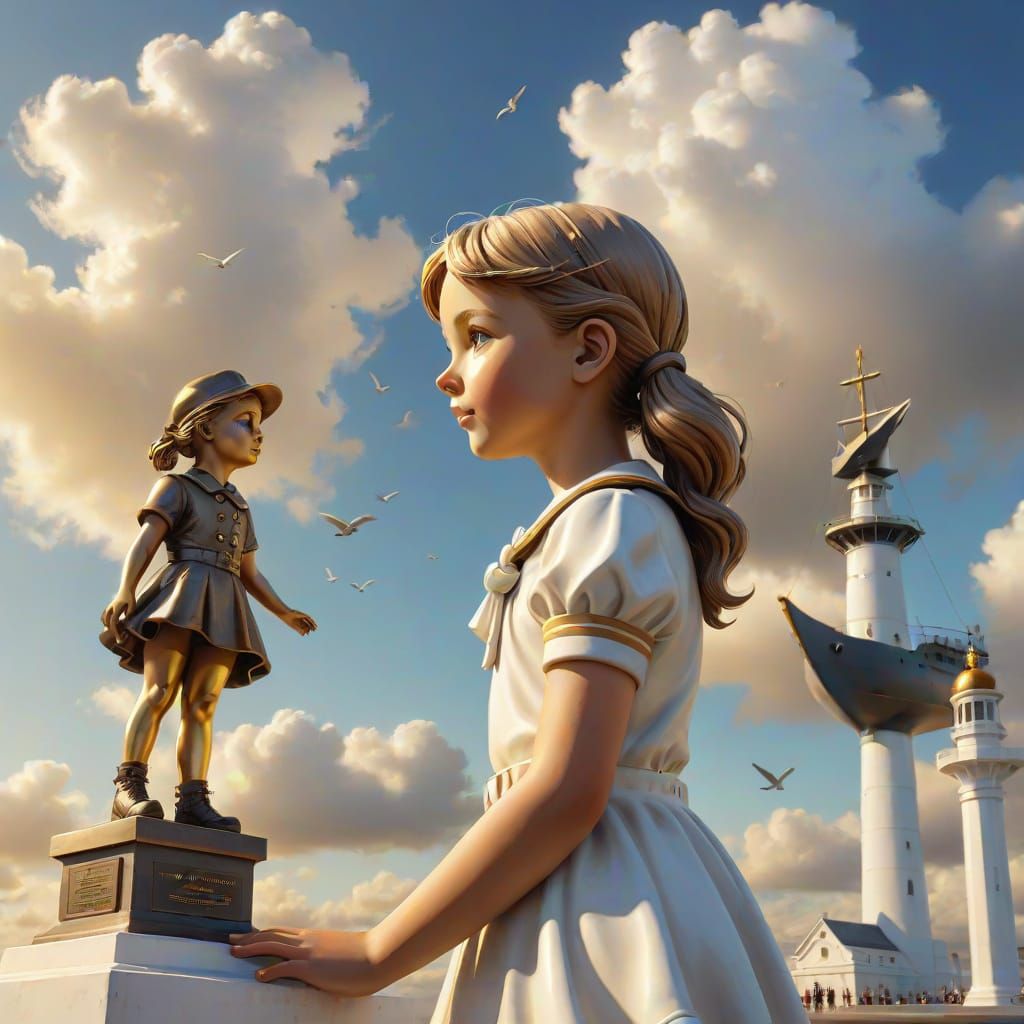 Serene Girl Contemplates Sailor Sculpture Amidst a Clear Sky
