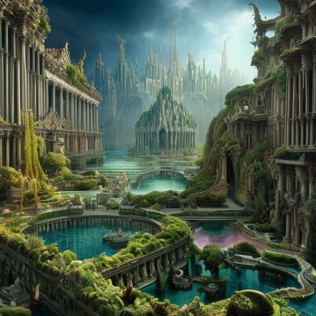 City of Atlantis with Floating Gardens: Digital Matte Painti...