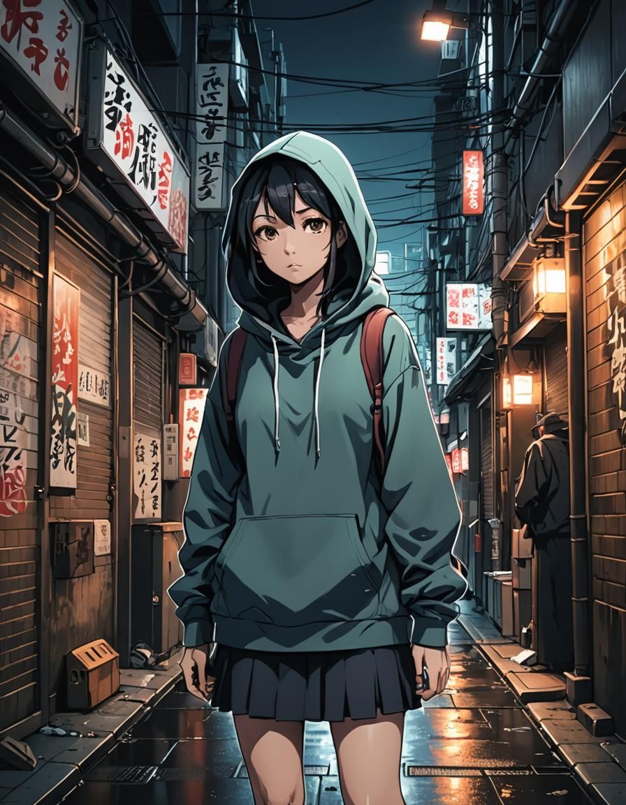 Tokyo Alley Girl in Hoodie: Cel-Shaded Anime Art
