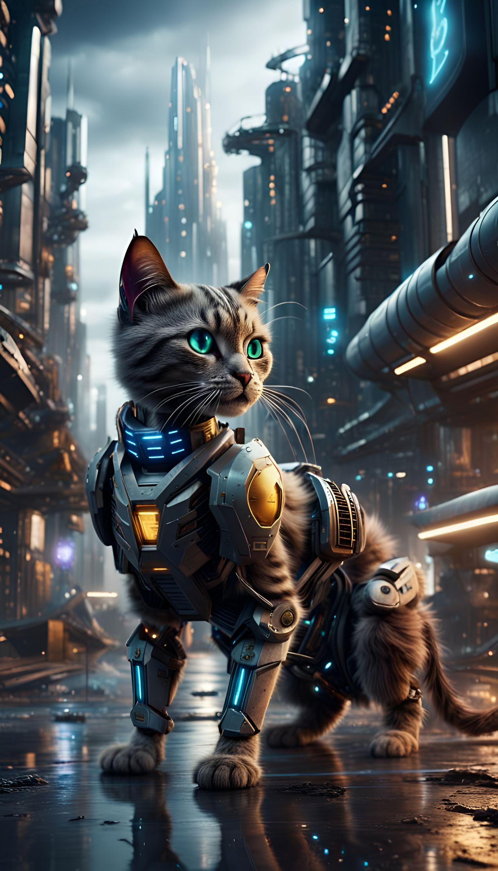 Futuristic Transformer Cat in a Cyberpunk City