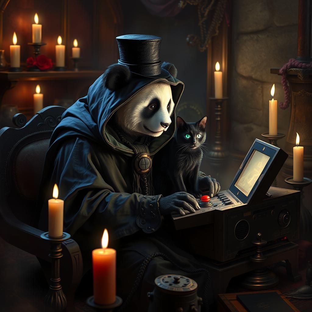 Gothic Panda Gaming with Cat in Sinister Style