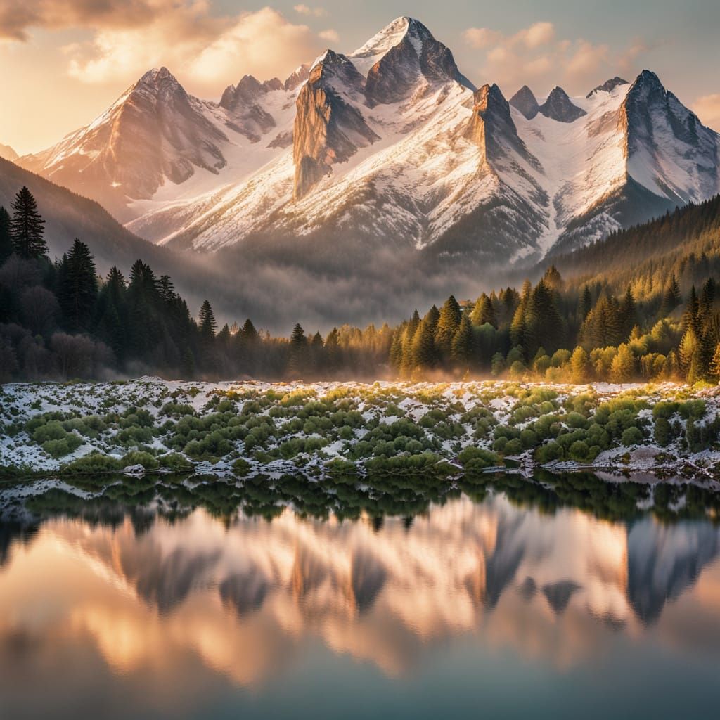 Snow-Capped Mountains in Golden Hour Light