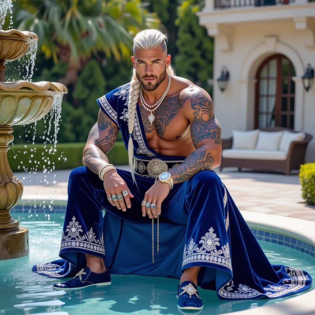 Viking Man in Royal Blue Haute Couture Near Fountain