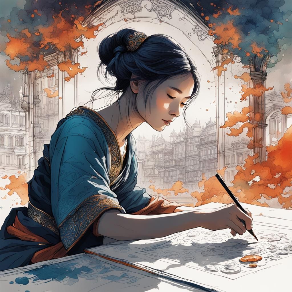 Elegant Scribe Girl in Vivid Colors, Sketch Style