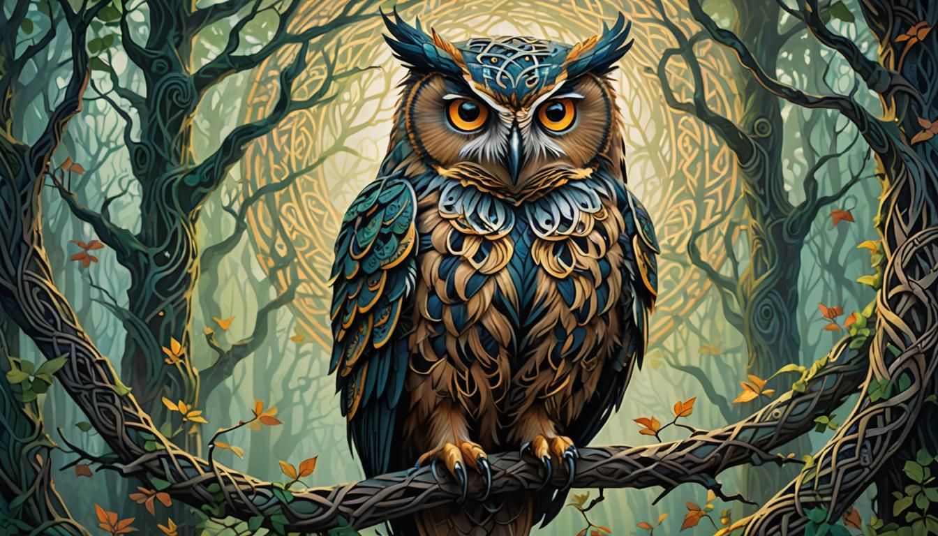 Owl in Celtic Knotwork Forest with Fauvist Colors