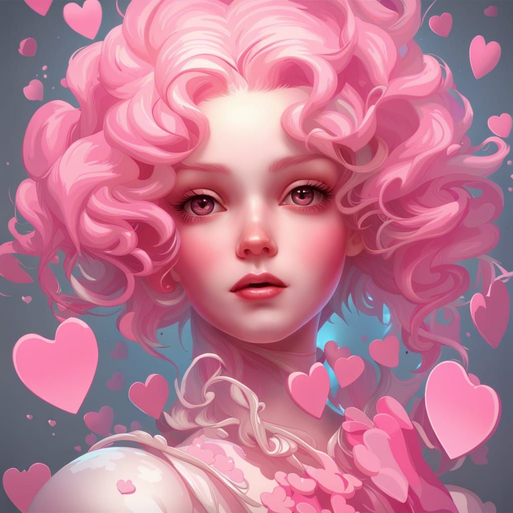 Porcelain Doll Portrait with Pink Hearts, Digital Art