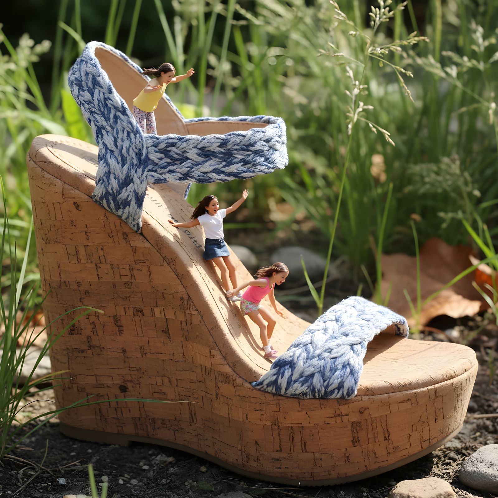 Tiny Girls Slide Down Giant Sandal