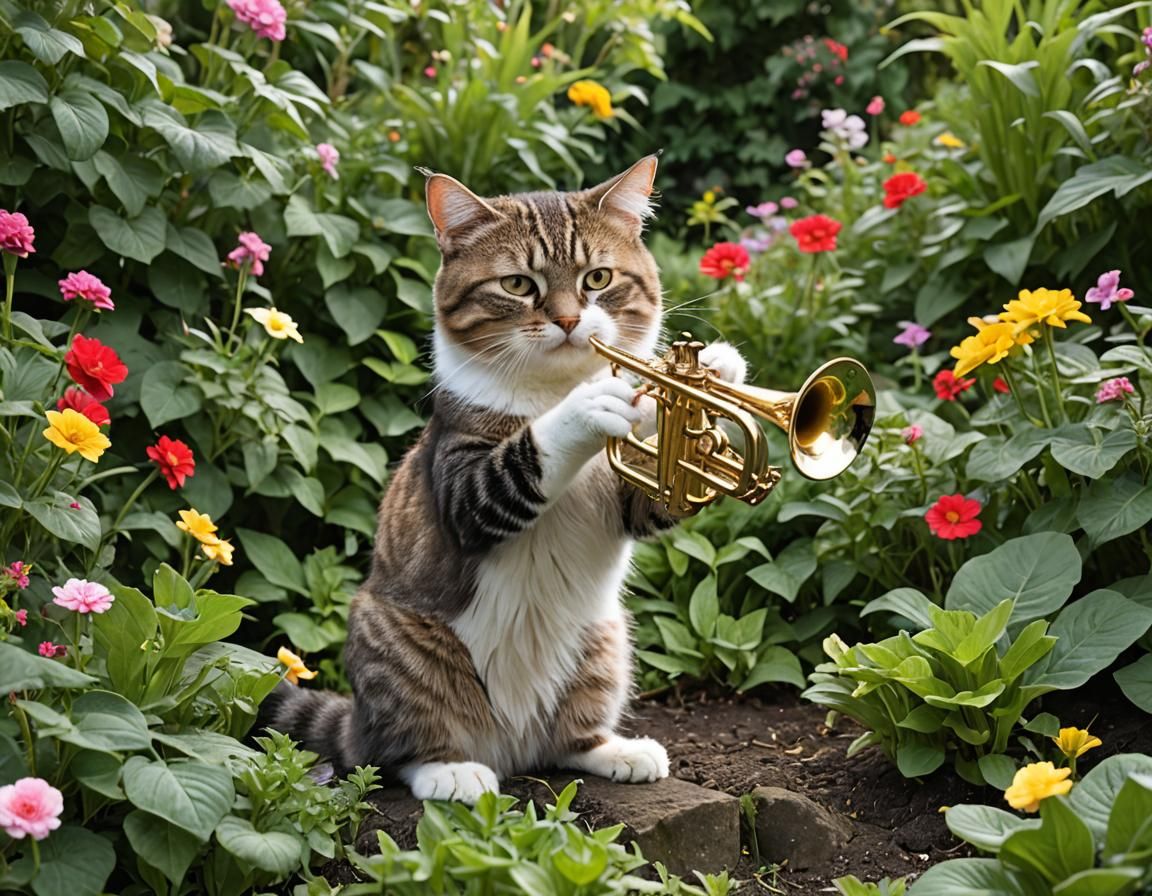 Cat Playing Trumpet in a Garden