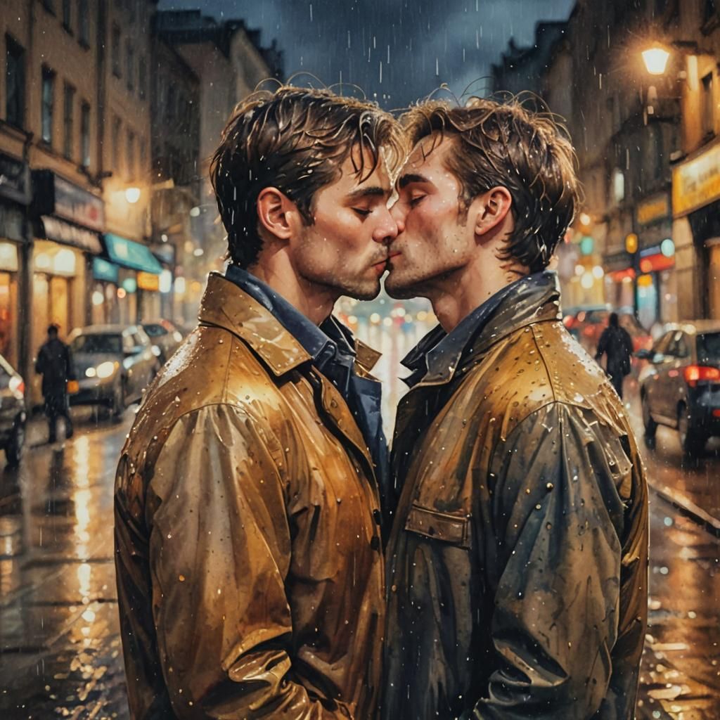 Romantic Watercolor Painting: Two Men Kissing