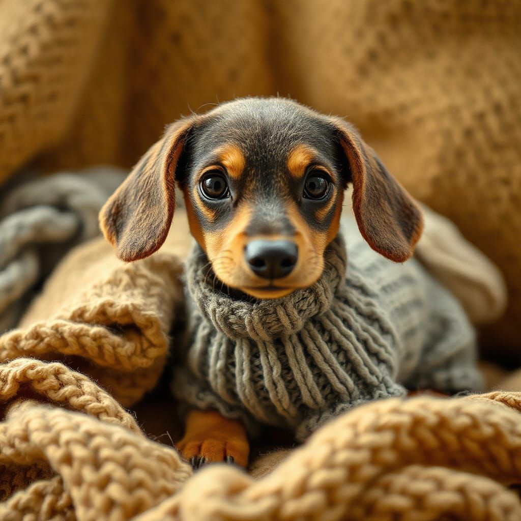 Cute Knitted Dachshund in Whimsical Woolly Wonderland
