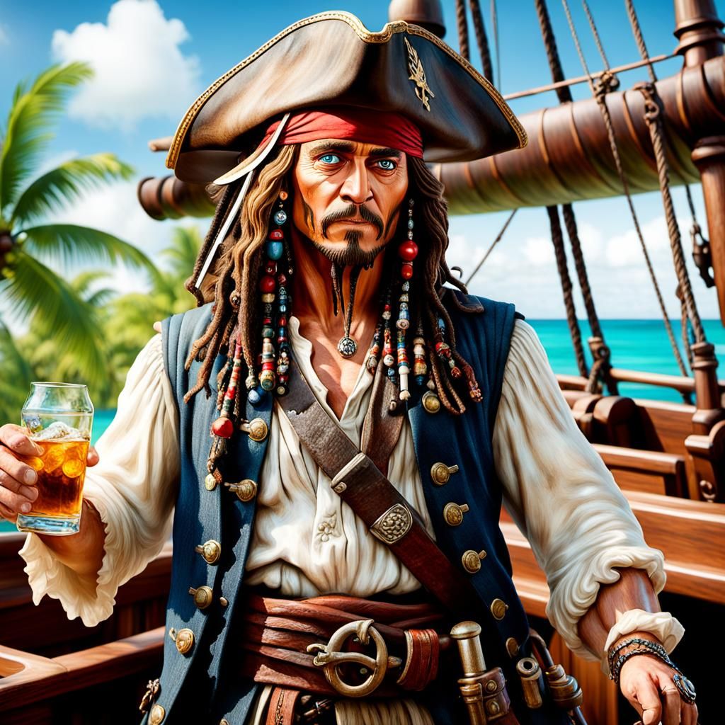 Hyperrealistic Captain Jack Sparrow Sailing with Parrot