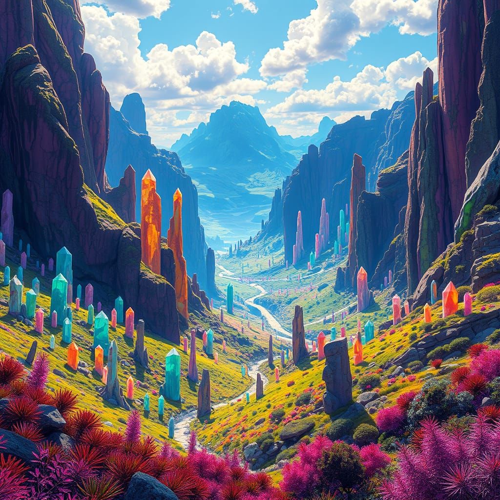Vibrant Futuristic Valley with Kaleidoscope of Colors