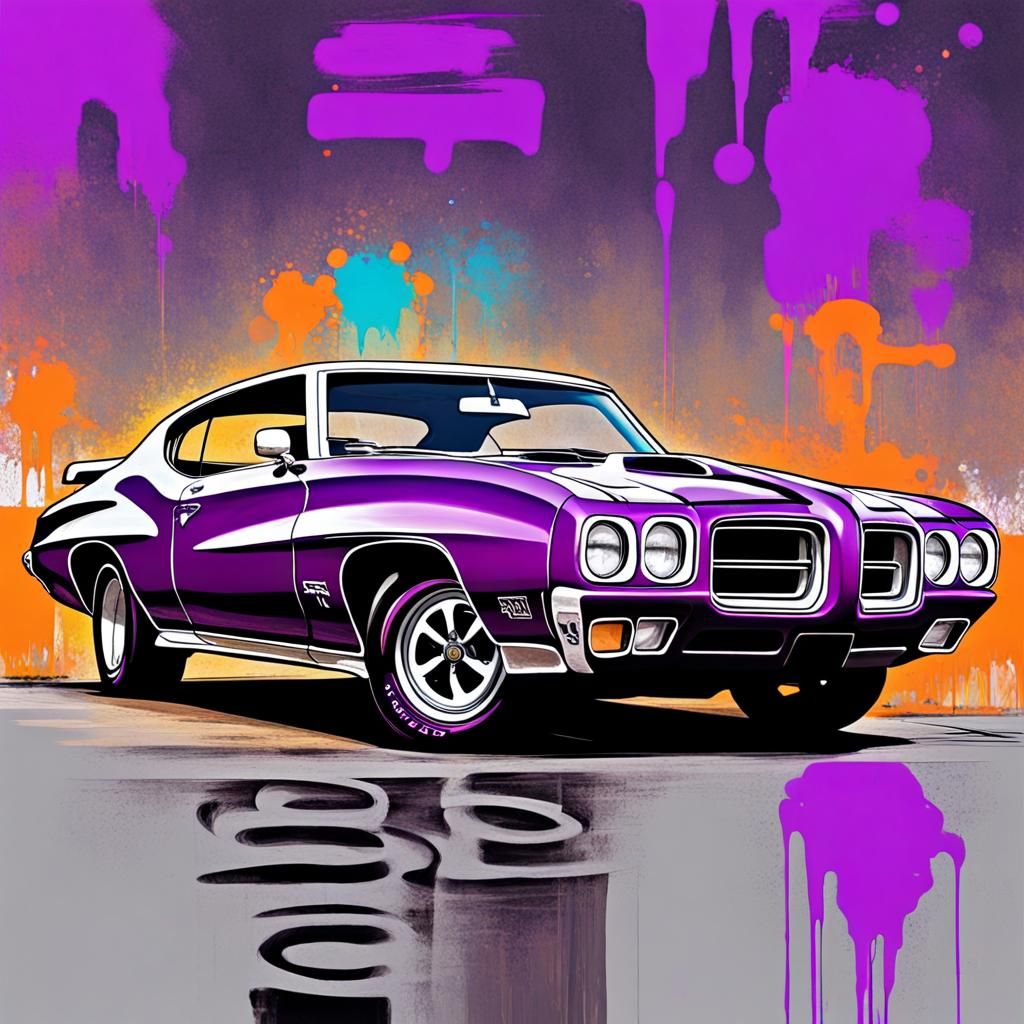 1970 Pontiac GTO 4-speed with 428 motor & scope on the hood colored high gloss purple with a black stripes across the ho...