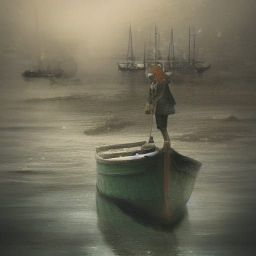 Vintage Seaport Girl in Whimsical Ink Illustration Style