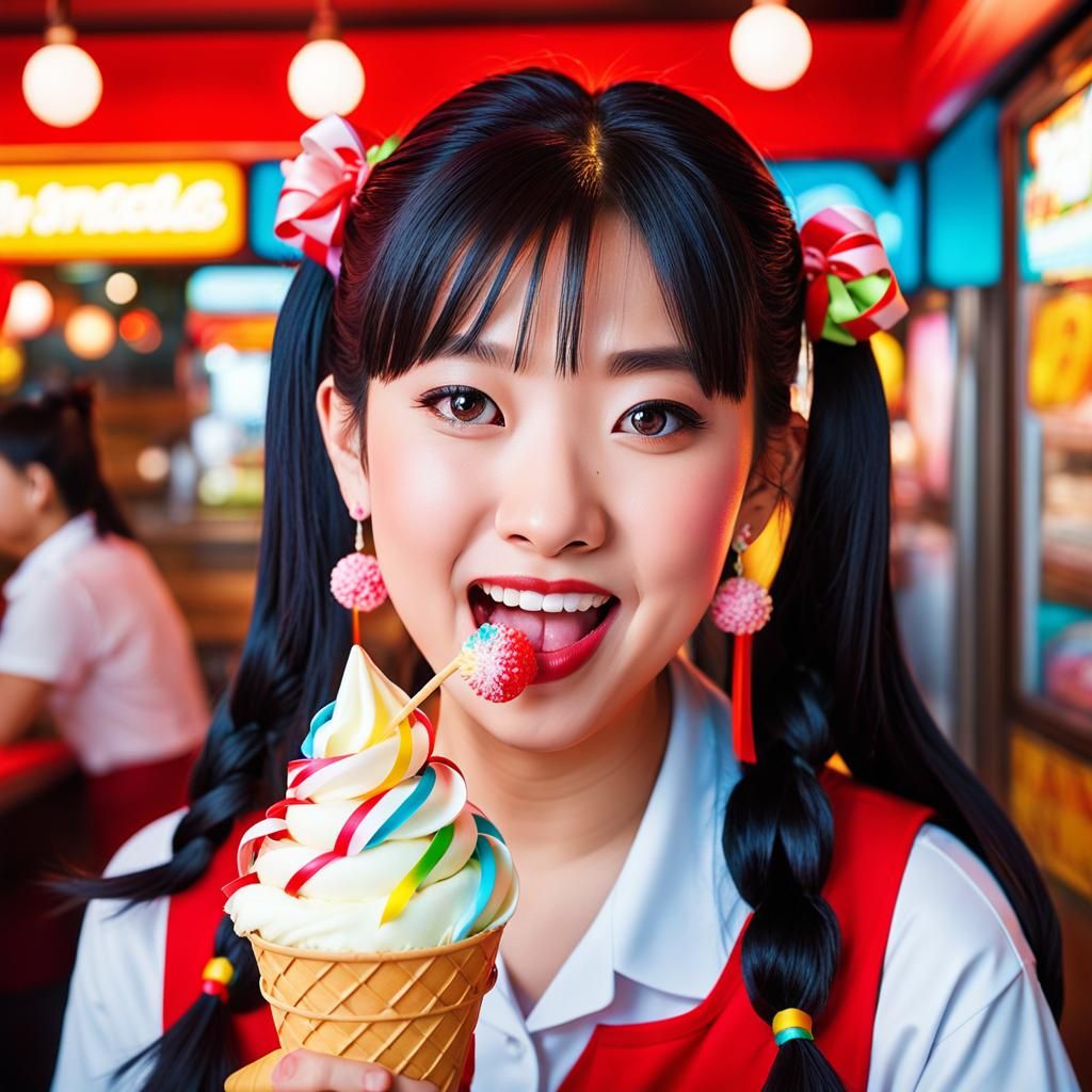 Anime Style: Woman Enjoys Ice Cream