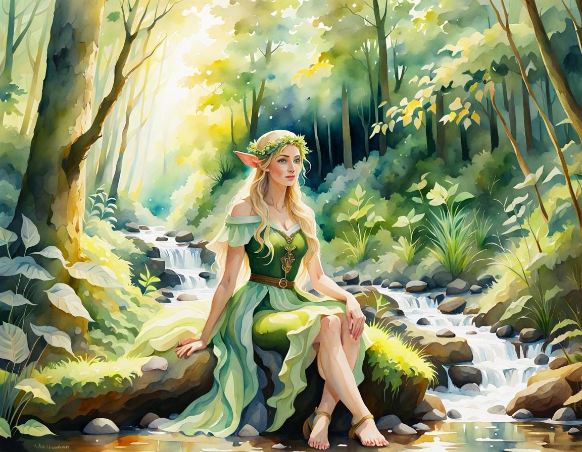 Forest Elf Portrait in Watercolor Style
