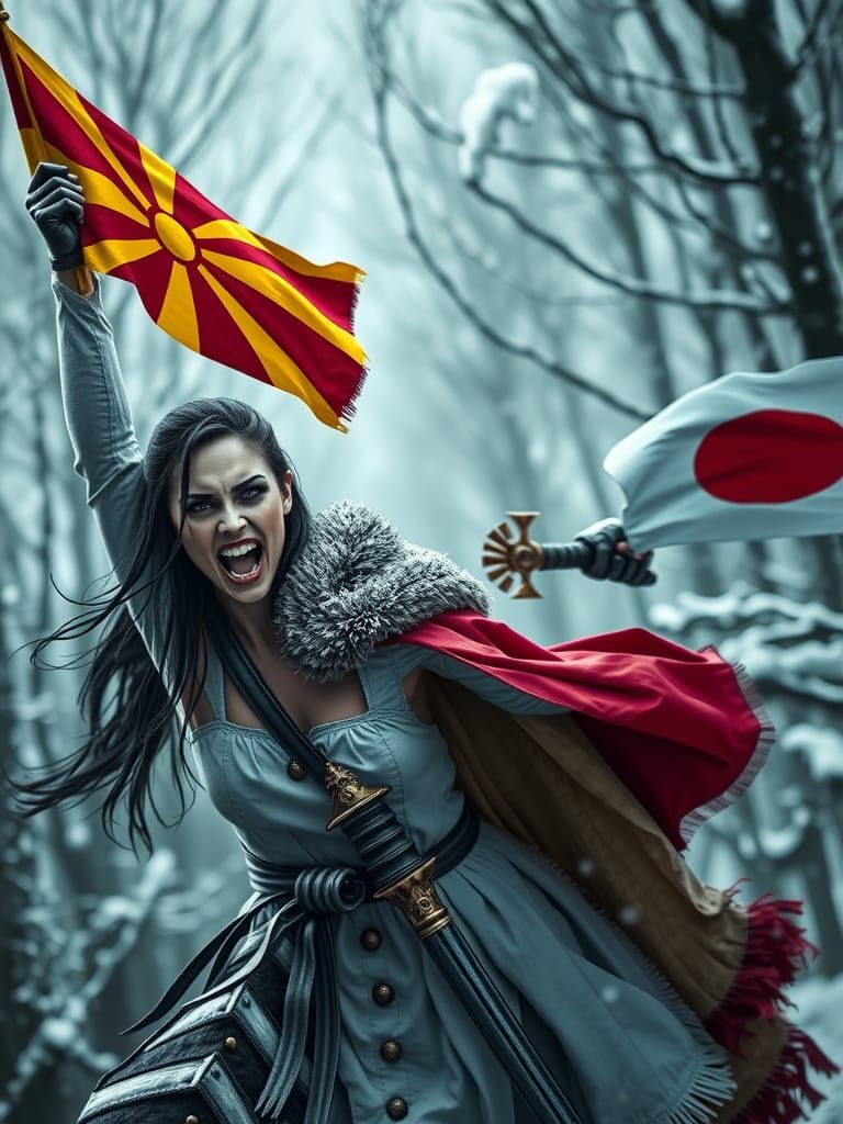 Evil Warrior Screams Victory Waving Macedonian Flag