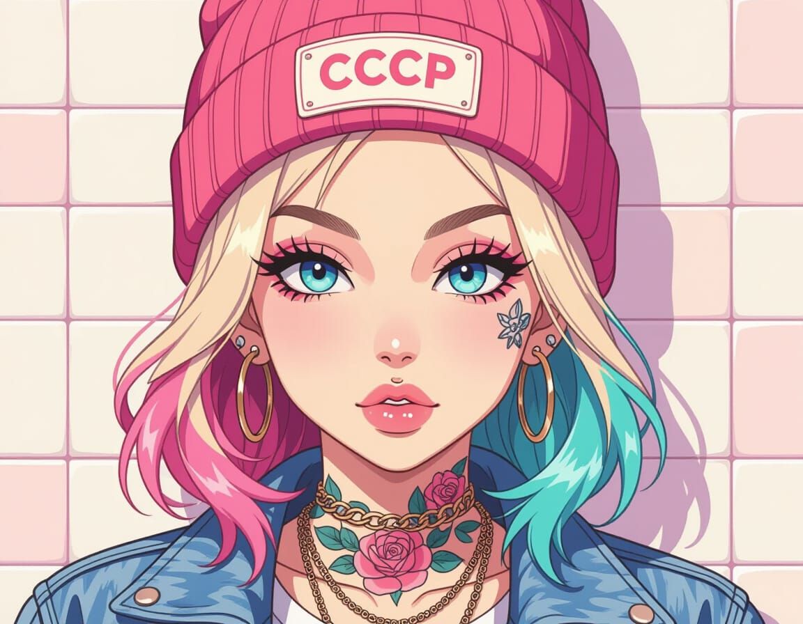 Anime Portrait of Tattooed Girl in Pink Beanie