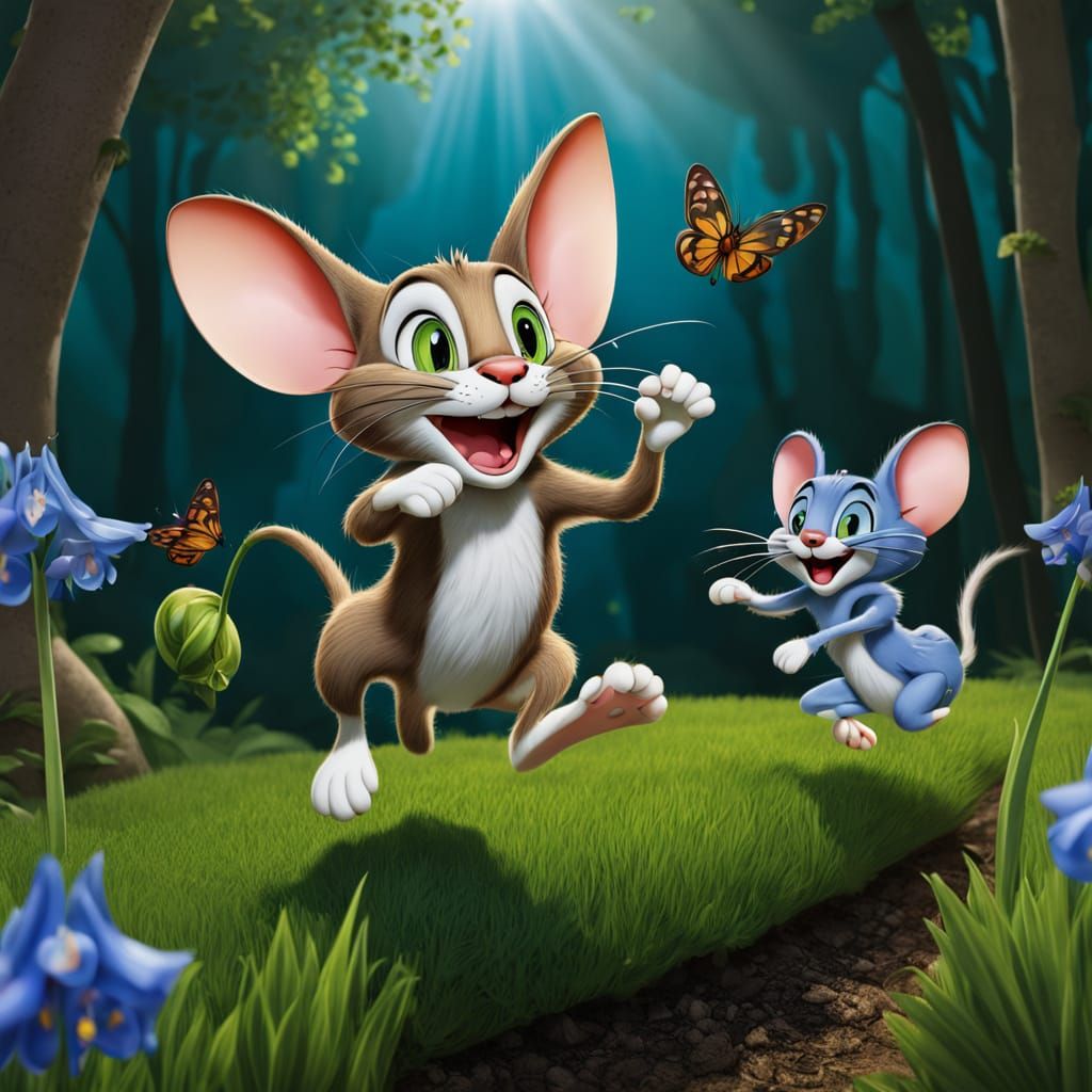Tom and Jerry Racing Through a Garden in Whimsical Style