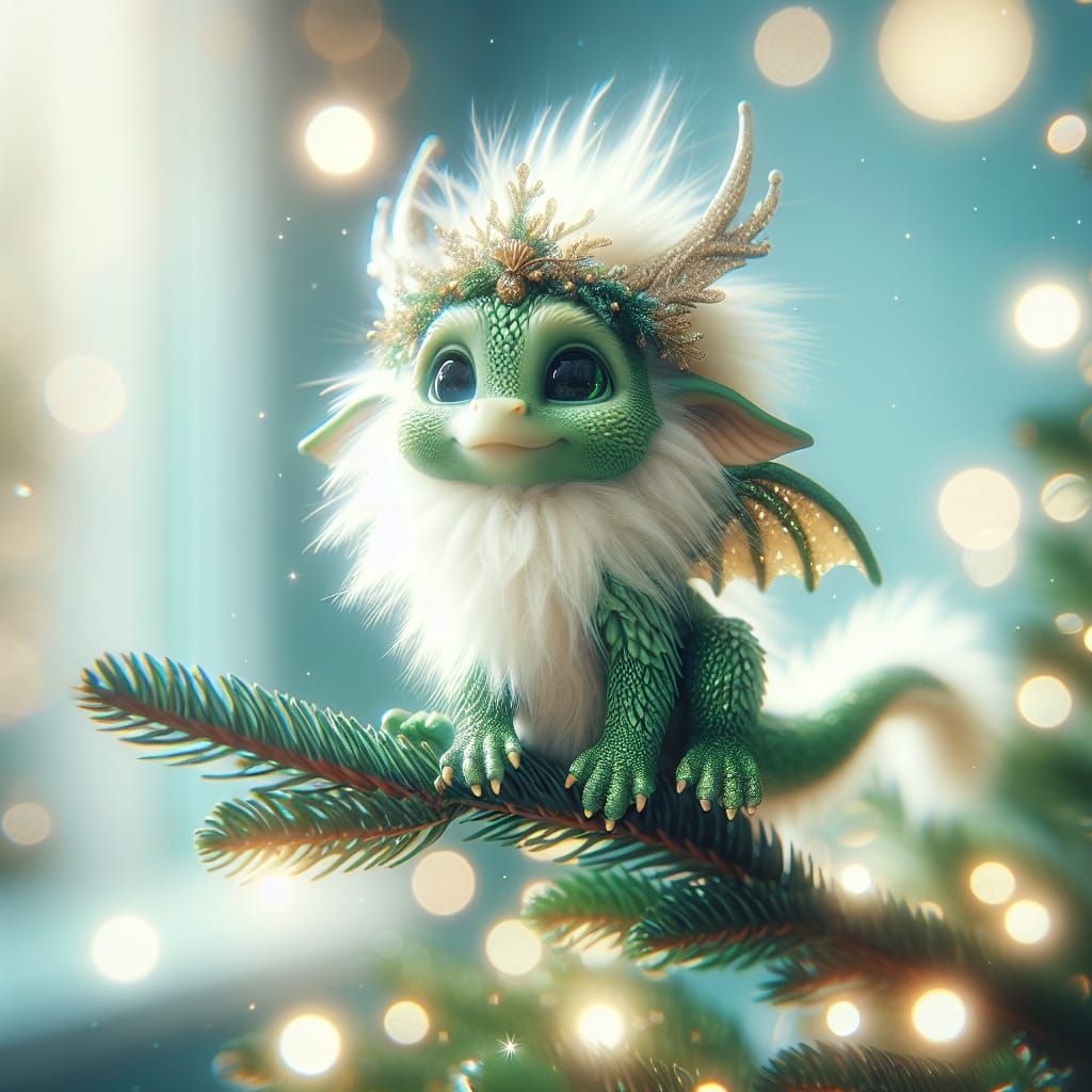 Glamorous Green Christmas Dragon on Branch