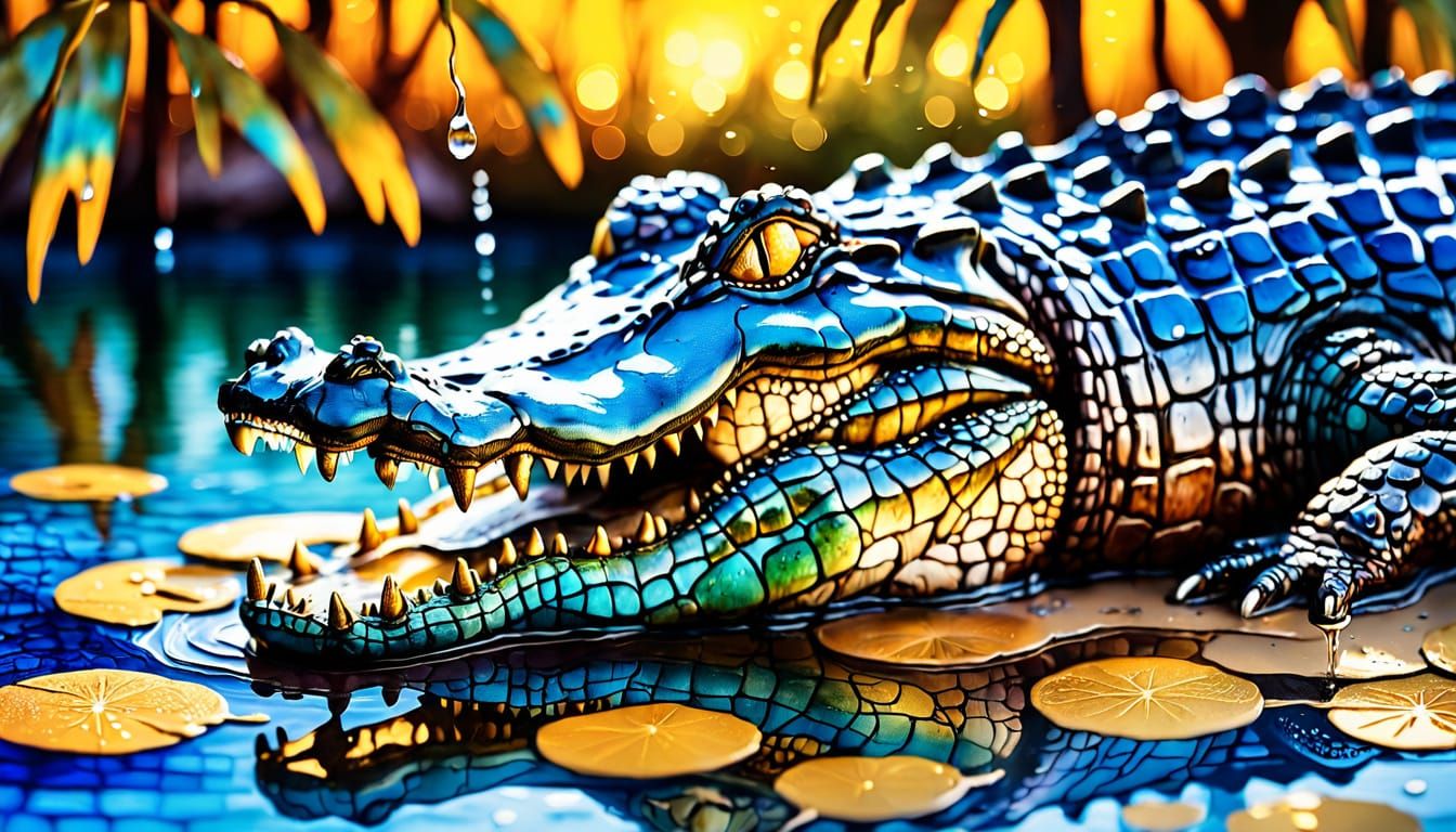 Alligator Emerging from Blue Lake in Alcohol Ink