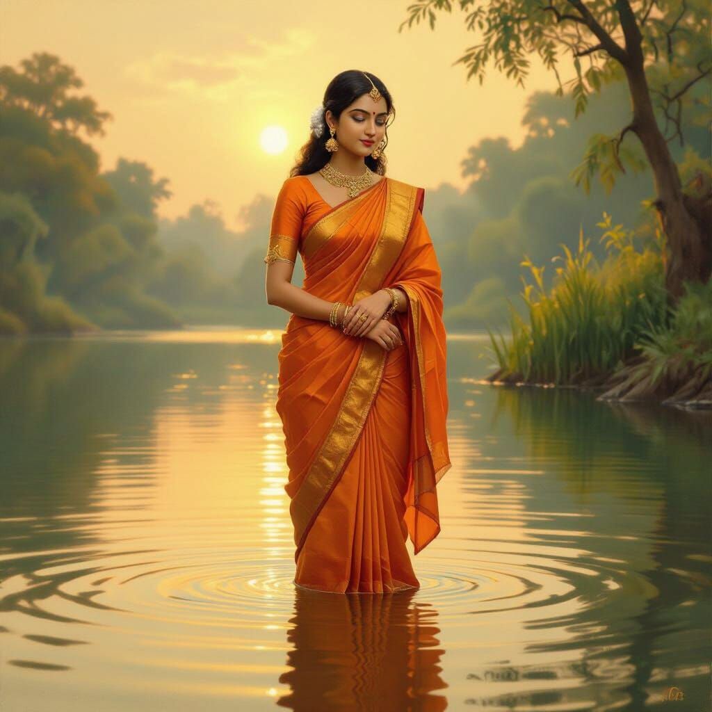 Indian Woman in Lake, Classic Indian Painting