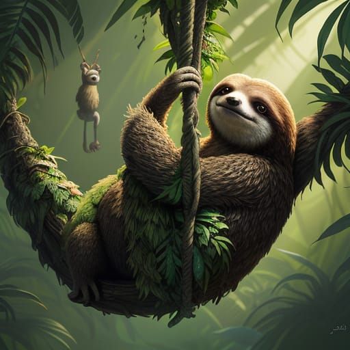 Adorable Sloth Hanging in Lush Jungle, Whimsical Cartoon Sty...