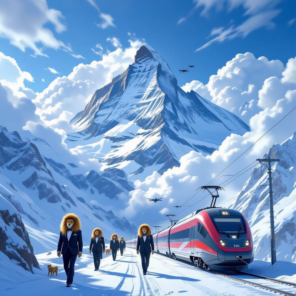 Hyperrealistic Mountain Scene with Drones and Lion-Men