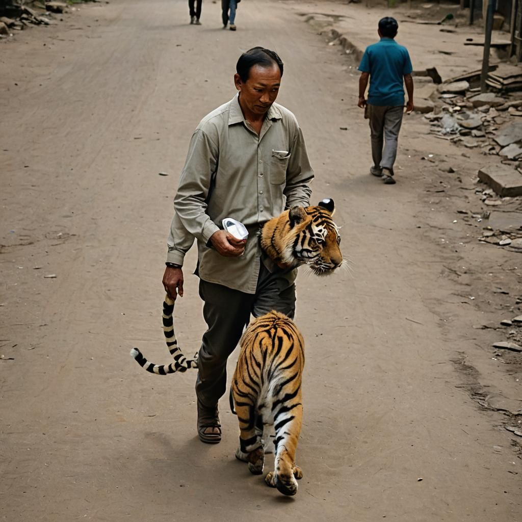 A man walking a tiger cub