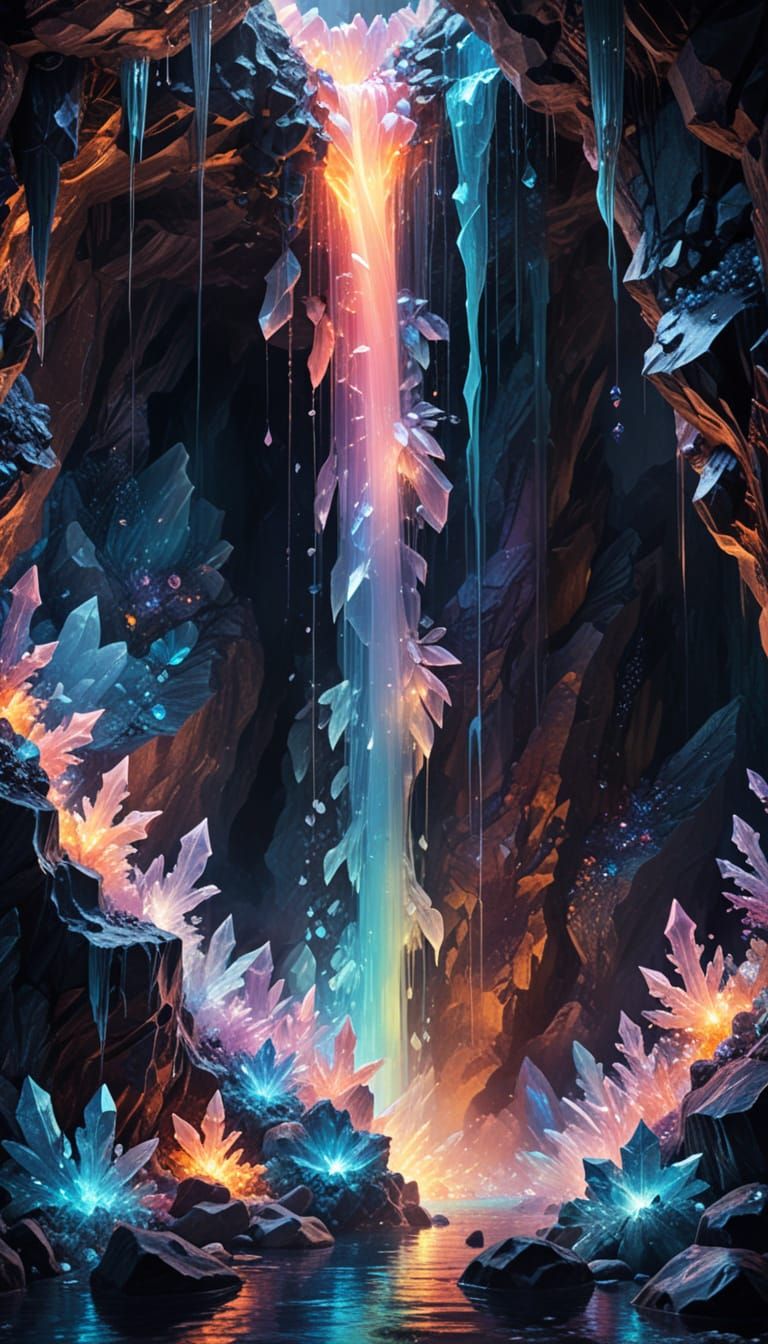 Glowing Waterfall in Crystal Cave: Surreal Oil Painting