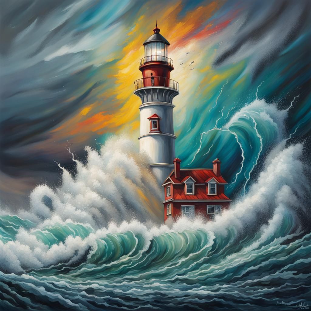 Hyperrealistic Lighthouse in Perfect Storm, Graffiti Art