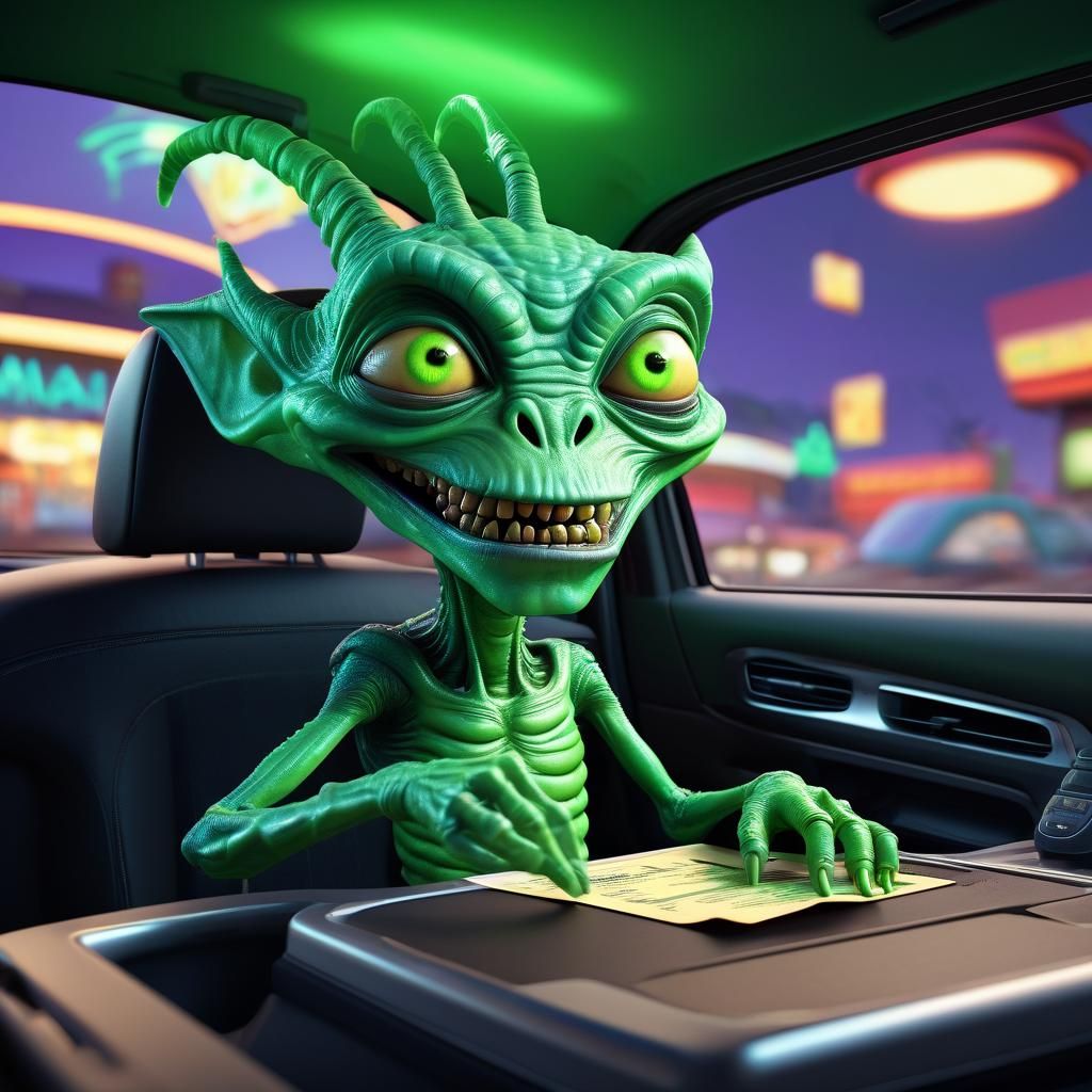 Green Alien at Drive-Thru: 3D Digital Art