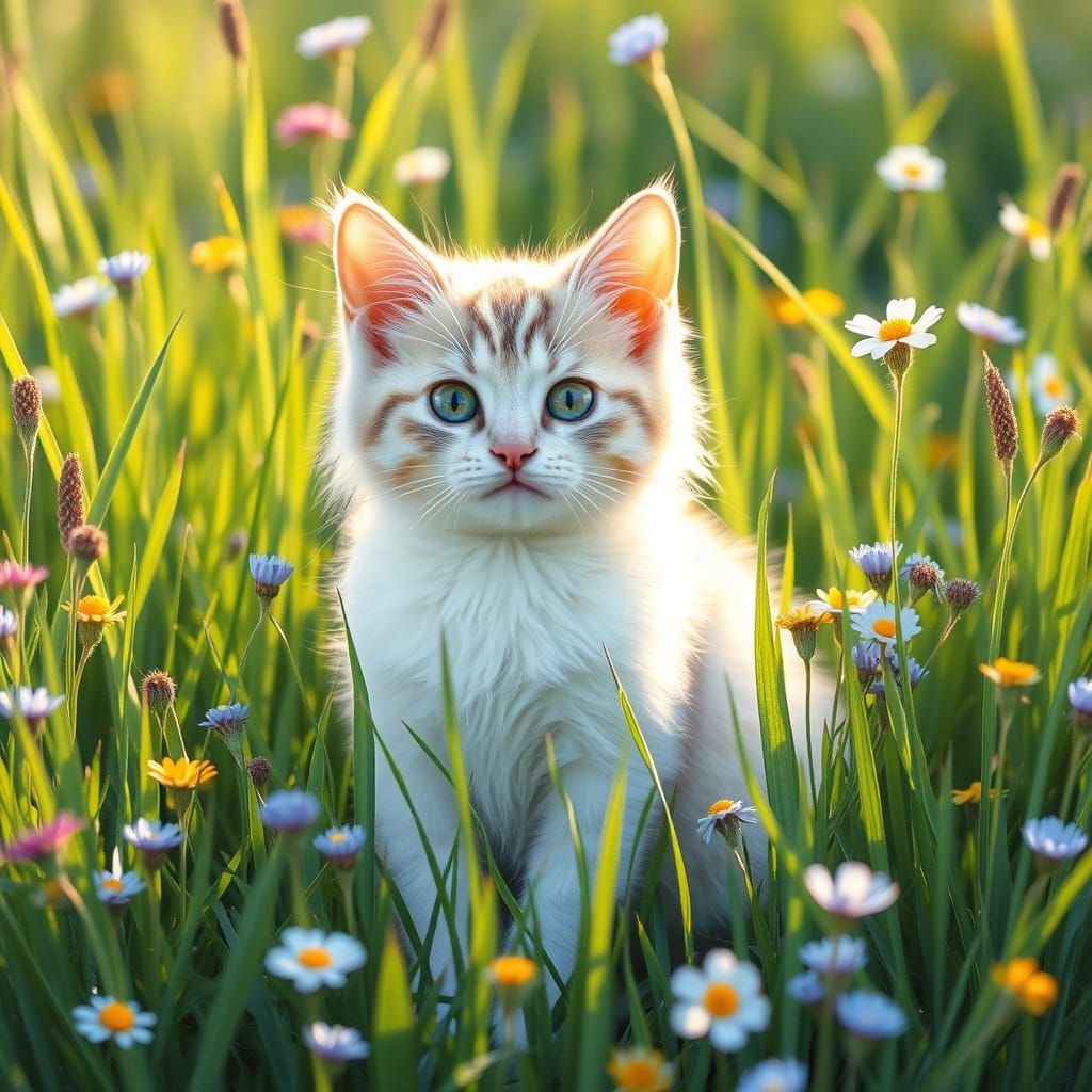 Whimsical Kitty Cat in Serene Meadow Landscape