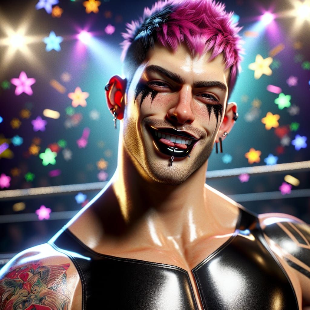 Punk Goth Wrestler with Colorful Star Backdrop